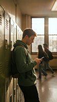 Young Caucasian male student using smartphone by school lockers in hallway with warm natural lighting and blurred classmates in background.