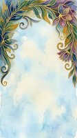 Watercolor floral frame with gold swirls, green leaves, and purple flowers on a soft blue background, perfect for cards and invitations.