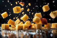 Flying caramel candy cubes with sea salt crystals on dark background with bokeh effect. Dynamic food levitation photography perfect for confectionery advertising.