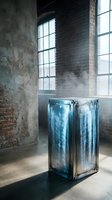Industrial metal container with condensation and steam in abandoned warehouse with large windows, brick walls, and concrete floor for architectural and industrial design projects.