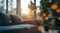 Cozy winter evening atmosphere with soft sofa, glowing bokeh lights and window view of snowy landscape at sunset creating magical holiday ambiance.