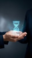 Businessman in dark suit holding glowing hourglass hologram with particles, representing time management, deadline, business efficiency, and digital technology concept for corporate use.