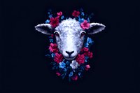 White sheep head adorned with vibrant red and blue floral wreath against dark background, mystical farm animal portrait with decorative botanical elements.