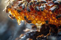 Honey bees gathering on golden honeycomb dripping with fresh honey, macro photography with selective focus capturing natural beekeeping and honey production process.