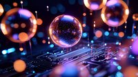 Glowing spheres floating above circuit board with neon blue and orange lights creating futuristic technological atmosphere. Abstract digital concept with bokeh effect.