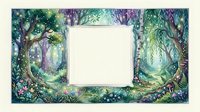 Enchanted forest frame with glowing fairy lights, lush trees, mushrooms and wildflowers in soft watercolor style, blank center for custom text or photo.