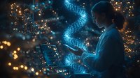 Female scientist in lab coat working with glowing blue DNA hologram and laptop, surrounded by bokeh lights in dark setting. Scientific research concept.