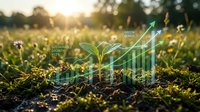 Young green plant seedling growing from rich soil with digital growth chart overlay representing sustainable agriculture and green economy development.