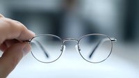 Round metal frame glasses held by hand against blurred background, showcasing minimalist eyewear design and contemporary optical fashion style.