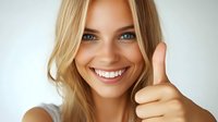 Young blonde woman with bright smile showing thumbs up gesture against light background, expressing positivity and confidence in casual style.