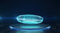 Futuristic holographic platform with glowing cyan light effects on dark digital background for product display and technology presentations.
