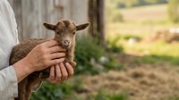 Farmer holding young brown goat in hands on rural farm with blurred garden background, livestock care and animal husbandry concept.