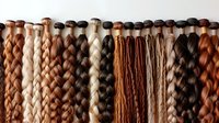 Collection of synthetic hair extensions in various natural shades from blonde to dark brown, displayed in neat rows showing different braiding and styling options.