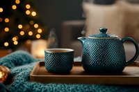 Cozy winter evening with emerald green textured teapot and cup on wooden tray, warm bokeh lights and knitted blanket creating peaceful atmosphere.