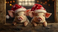 Two adorable piglets wearing red Santa hats peek over rustic wooden fence with warm bokeh lights creating festive Christmas atmosphere for holiday greeting cards.