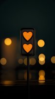 Traffic light with heart-shaped orange signals against dark background with blurred bokeh lights creating romantic urban nighttime atmosphere.