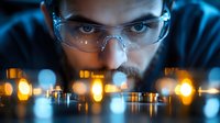 Young male scientist in safety glasses examining glowing laboratory samples in dark research environment for pharmaceutical development and scientific discovery.