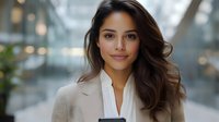 Young Hispanic businesswoman with long dark wavy hair and natural makeup wearing beige blazer and white blouse smiling confidently in modern office setting.