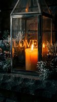 Glowing candle lantern with love sign surrounded by frosted pine branches and cones on a dark stone surface, cozy winter holiday decor.