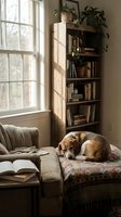 Cozy reading nook with sleeping beagle dog on armchair near bookshelf and window with natural sunlight streaming through for home interior design.