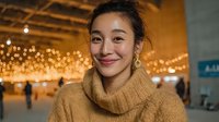 Young Asian woman smiling warmly in cozy beige turtleneck sweater at modern indoor venue with bokeh lights background for lifestyle and fashion content.