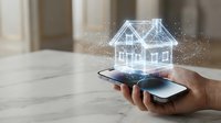 Hand holding smartphone displaying holographic house model with glowing particles for real estate technology and smart home applications.
