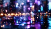 Magical nighttime cityscape reflection on water surface with colorful bokeh lights, glowing purple and blue neon illumination creating dreamy urban atmosphere.