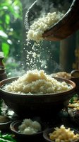 Steaming white rice being poured from coconut shell into wooden bowl with tropical background for cooking and food preparation concepts.