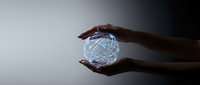 Hands holding glowing digital globe network sphere, representing global connectivity, technology innovation, and worldwide business communication solutions.