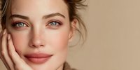 Young Caucasian woman with natural makeup touching face gently, glowing healthy skin, beauty skincare concept on neutral beige background for cosmetic advertising.