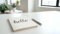 Notebook with hello lettering and pen on white desk in bright modern office, minimalist workspace concept.