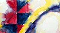 Abstract watercolor painting with vibrant red, blue and yellow brushstrokes on textured paper. Modern artistic composition for creative projects and decor.