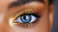 Close up of bright blue eye with shimmering gold glitter eyeshadow and long dark lashes on tan skin, showcasing glamorous makeup artistry and beauty details.