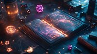 Magical glowing book with floating dice and mystical elements in dark fantasy setting. Ancient tomes surrounded by luminous particles and ethereal light effects create mysterious atmosphere.