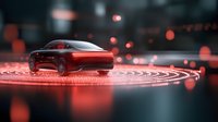 Modern luxury sedan on glowing red circular platform with bokeh lights and reflective surface creating futuristic automotive atmosphere. Suitable for transportation designs.