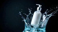 White cosmetic bottle with pump dispenser splashing in clear water against dark background for skincare and beauty product advertising.