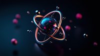 Glowing atom model with orbiting electrons, nucleus and energy paths against dark background. Scientific concept showing atomic structure and quantum physics.