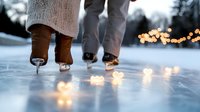 Ice skating couple on frozen lake at dusk with warm bokeh lights creating romantic winter atmosphere, close-up view of skates gliding on natural ice surface.