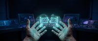 Hands holding glowing neon squares in futuristic digital workspace, representing technology innovation and data processing for tech industry concepts.