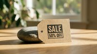 Kraft paper sale tag with 50% off text leaning on a stone, placed on a wooden surface in warm natural sunlight.