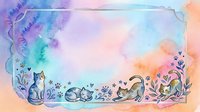 Watercolor frame border with cute cats and floral elements in pastel rainbow colors for greeting cards, invitations and decorative design projects.
