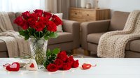 Red roses bouquet in crystal vase on white table with scattered petals creating romantic atmosphere in modern living room interior for Valentine's Day.