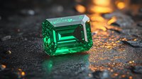 Emerald cut green gemstone on dark textured surface with golden bokeh lights and water drops creating luxurious jewelry atmosphere.