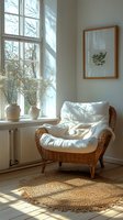 Cozy reading nook with rattan armchair, white cushions, natural jute rug, and dried flowers by window casting soft shadows in minimalist interior space.