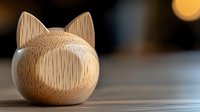 Minimalist wooden cat head sculpture crafted from bamboo on wooden surface with soft bokeh background, showcasing natural material and contemporary design aesthetic.