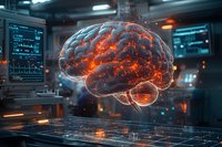 Glowing orange brain hologram floating in futuristic laboratory environment with medical monitors and digital displays showing neural activity patterns and data analysis.