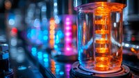 Glowing orange laboratory beaker with spiral glass structure inside against blurred background of colorful bokeh lights in scientific research facility.