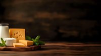 Fresh dairy products and cheese assortment with milk bottle, yellow cheese blocks, and green basil leaves on rustic wooden board against dark background.