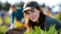 Young woman in baseball cap smiling while gardening outdoors, surrounded by green plants on sunny day, expressing joy and satisfaction in sustainable lifestyle.