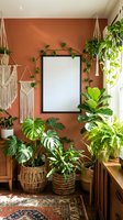 Boho living room with terracotta wall, blank frame mockup, monstera, hanging plants, macrame decor, and woven baskets in warm natural light.